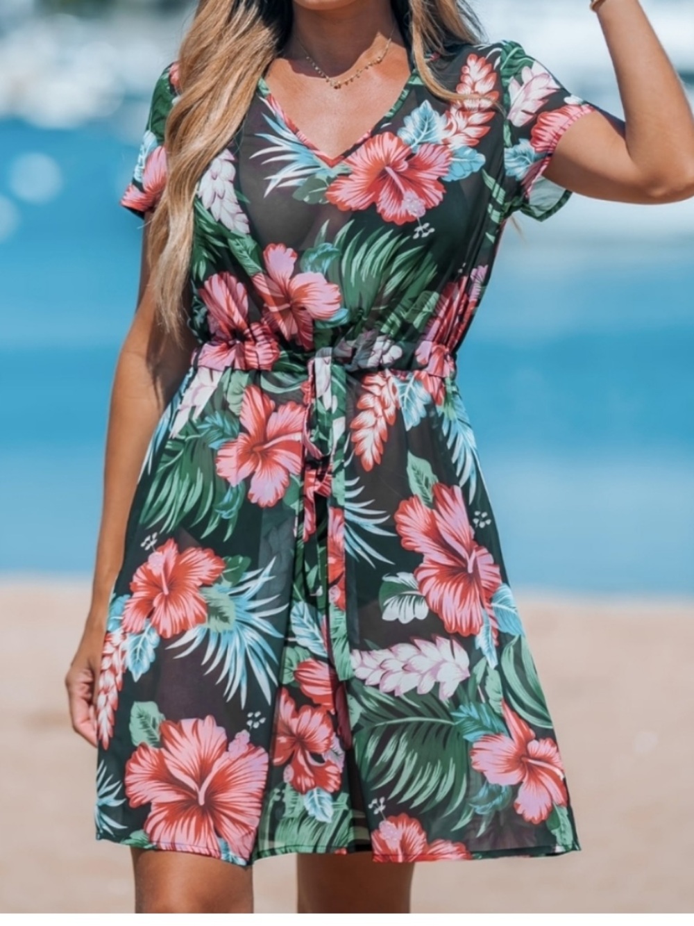Popvil NWT S Black Tropical BLUE PINK HIBISCUS Floral V-Neck COVERUP SHEER Dress